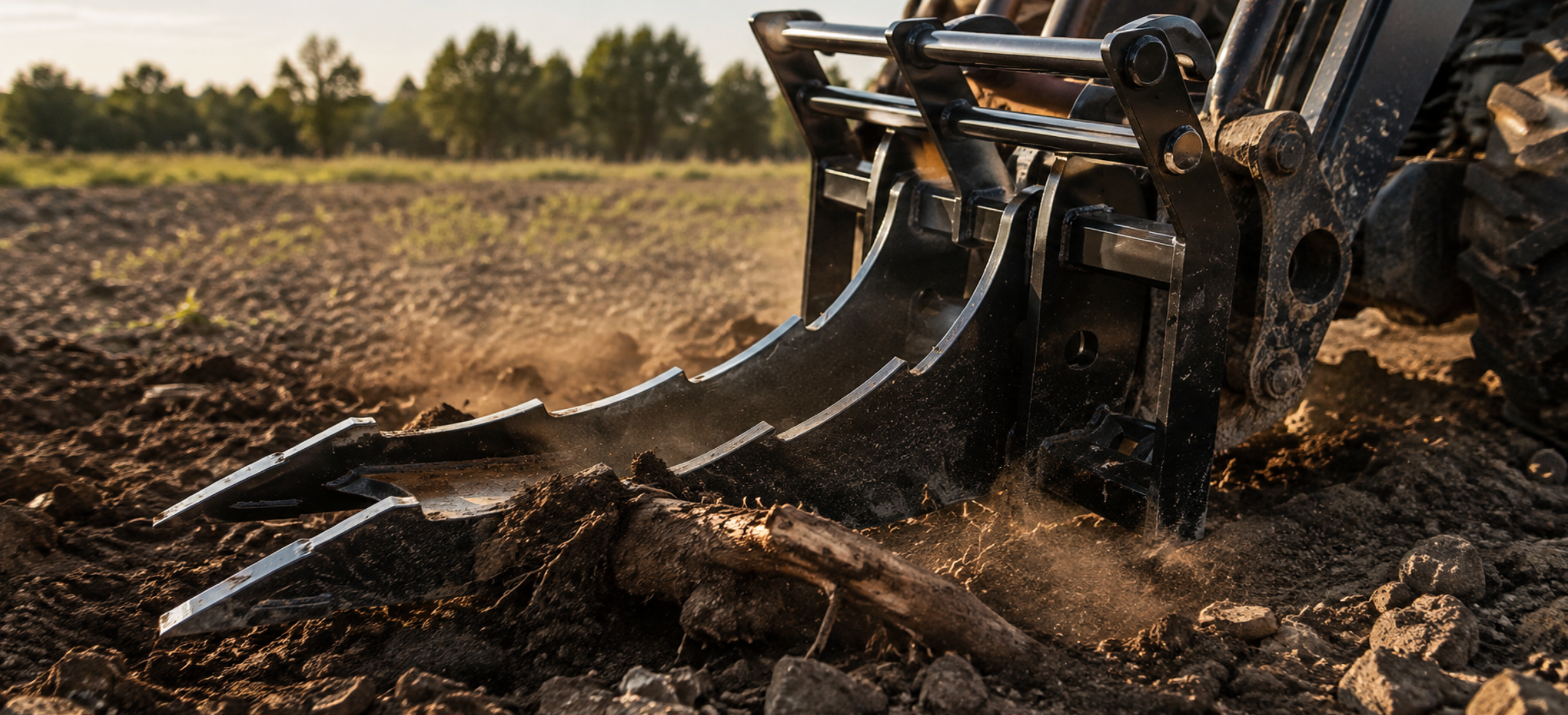 Anderson RipSaw loader attachment extracting rocks and roots from compacted soil.